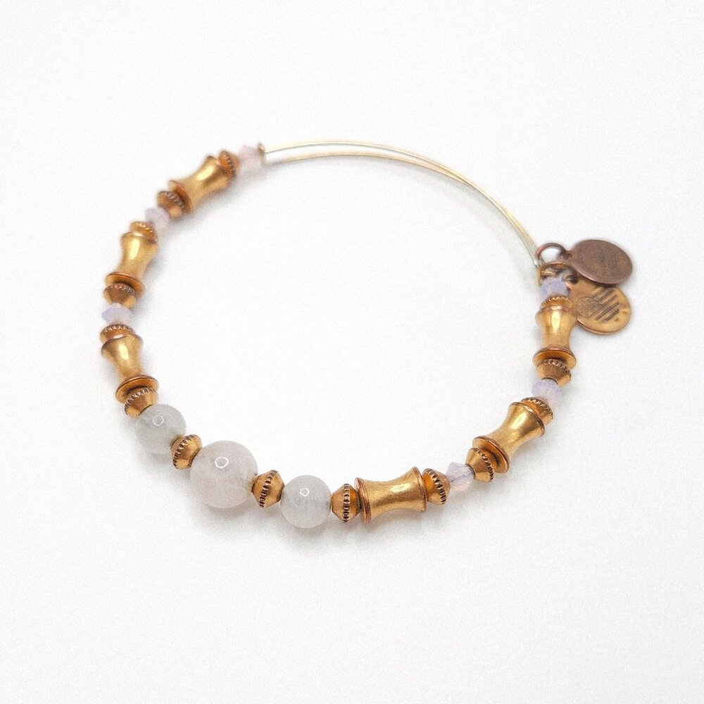 Alex and Ani Rose Quartz Beaded Expendable Aged Gold Tone Bangle Bracelet